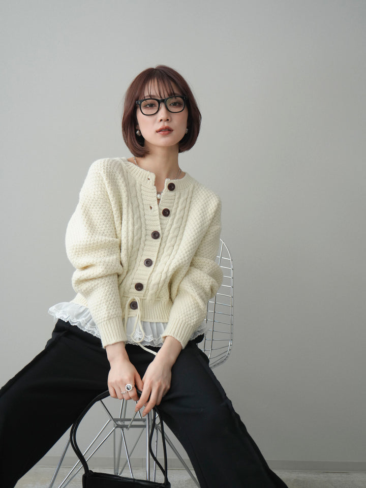 [SET]裾レースケーブルニットカーディガン+2WAYデザインスウェットパンツ(2set)