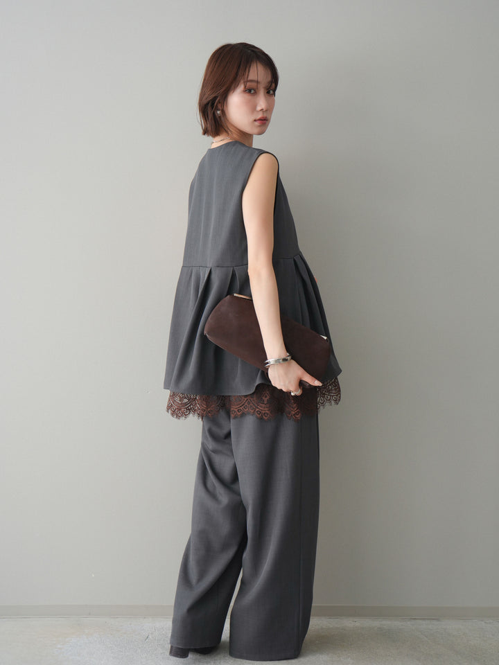 [予約]ウエストバイカラータックワイドパンツ/gray