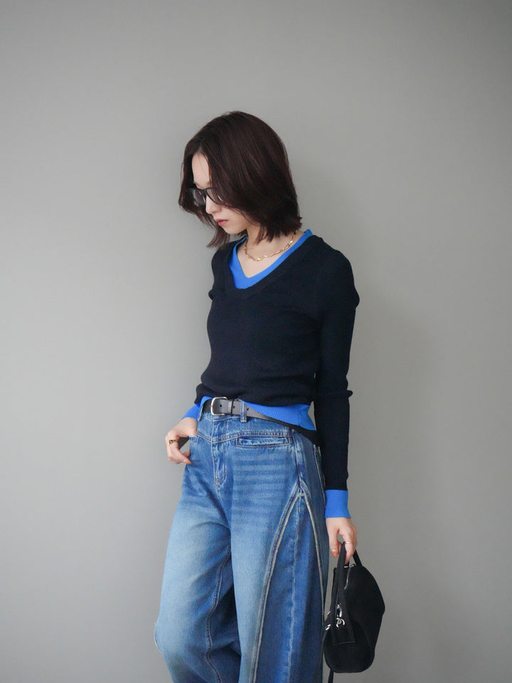 [SET]Uネック配色レイヤードリブニットトップス+サイドフリンジワイドデニムパンツ(2set)