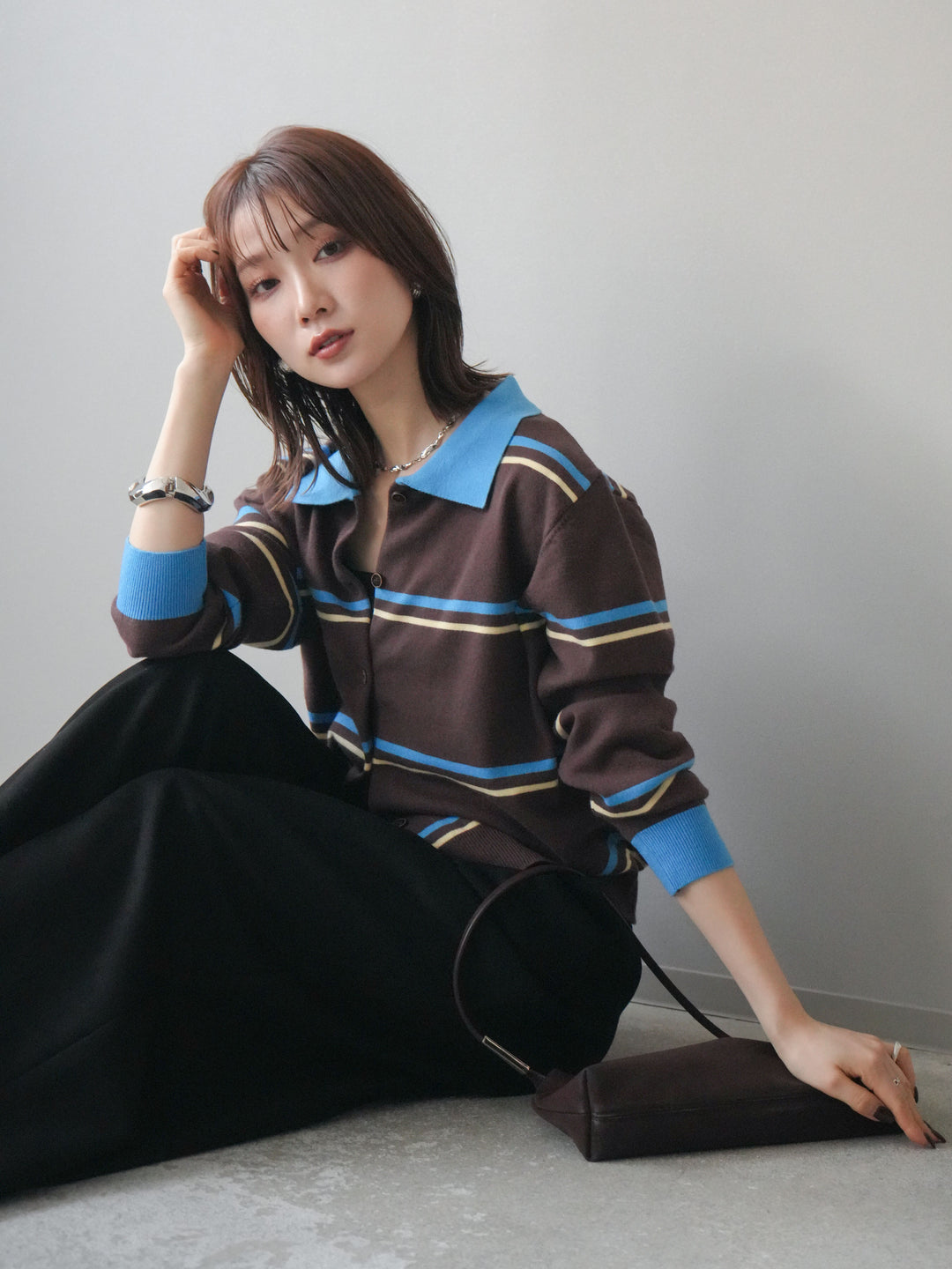 [予約]配色マルチボーダーポロニットカーディガン/brown