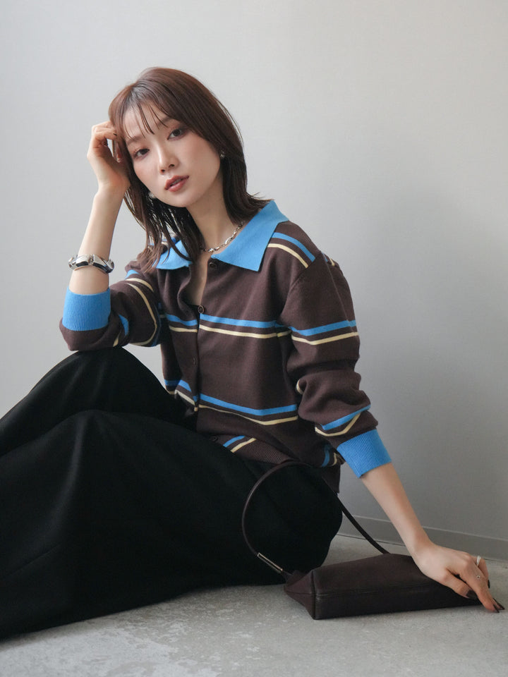 [予約]配色マルチボーダーポロニットカーディガン/brown