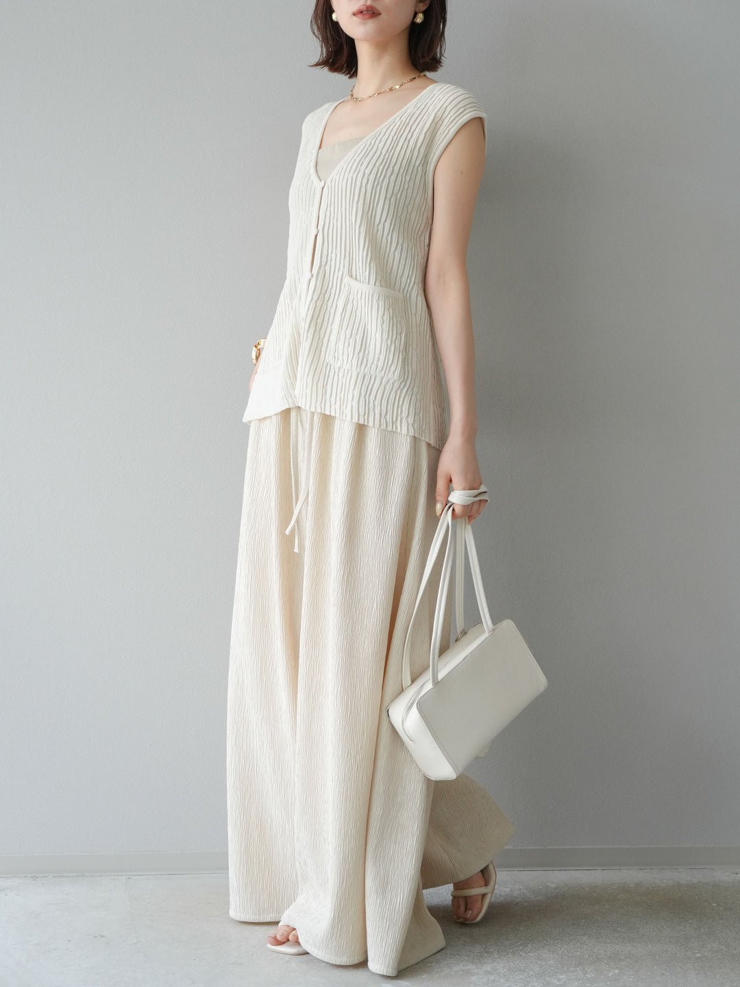 [SET] 波浪夏季針織背心+柳葉寬腿褲（2件套）