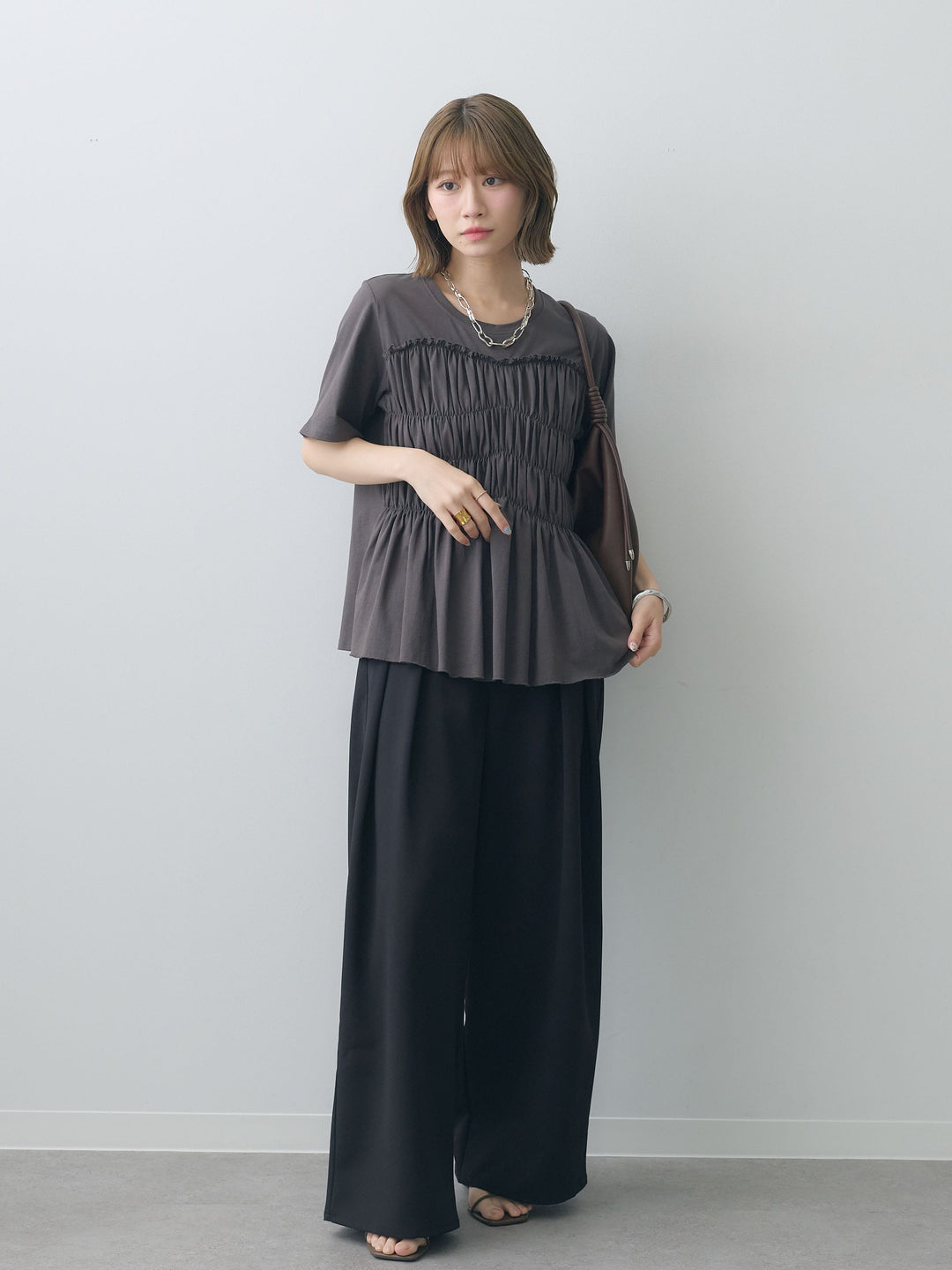 [SET]クールタッチシャーリングTEE+クレープデシンタックワイドパンツ(2set)