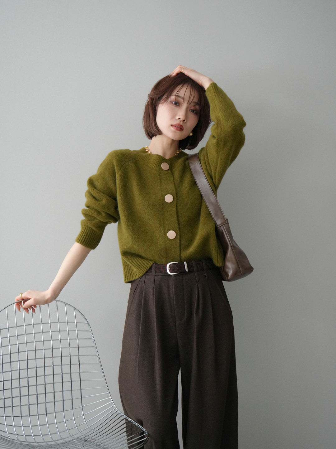 [SET]BIGボタンニットカーディガン+アニマル柄ベルト付きウールタッチワイドパンツ(2set)