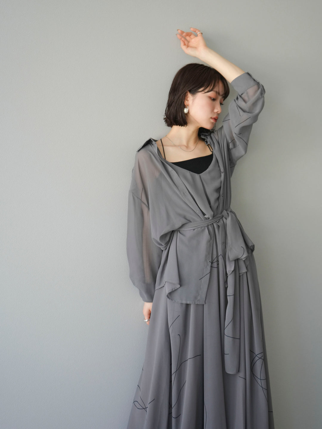 [SET]ペンタッチシフォンキャミワンピース+ペンタッチシフォンシャツ(2set)