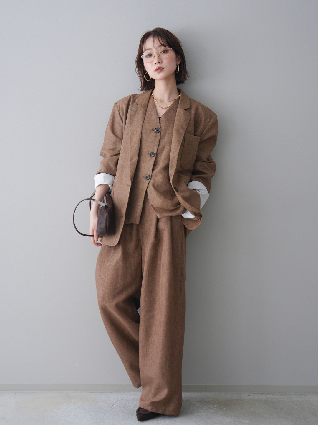 [予約]リネンライクタックワイドパンツ/brown