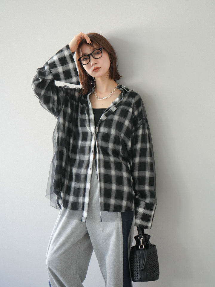 [套裝] 薄紗對接格紋寬鬆襯衫 + 牛仔布 Switch 2-Way 設計運動褲 (2 套)