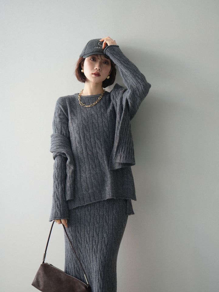 [SET]ストール付ケーブルニットプルオーバー&ロングスカートSET UP+選べるアクセセット(2set)