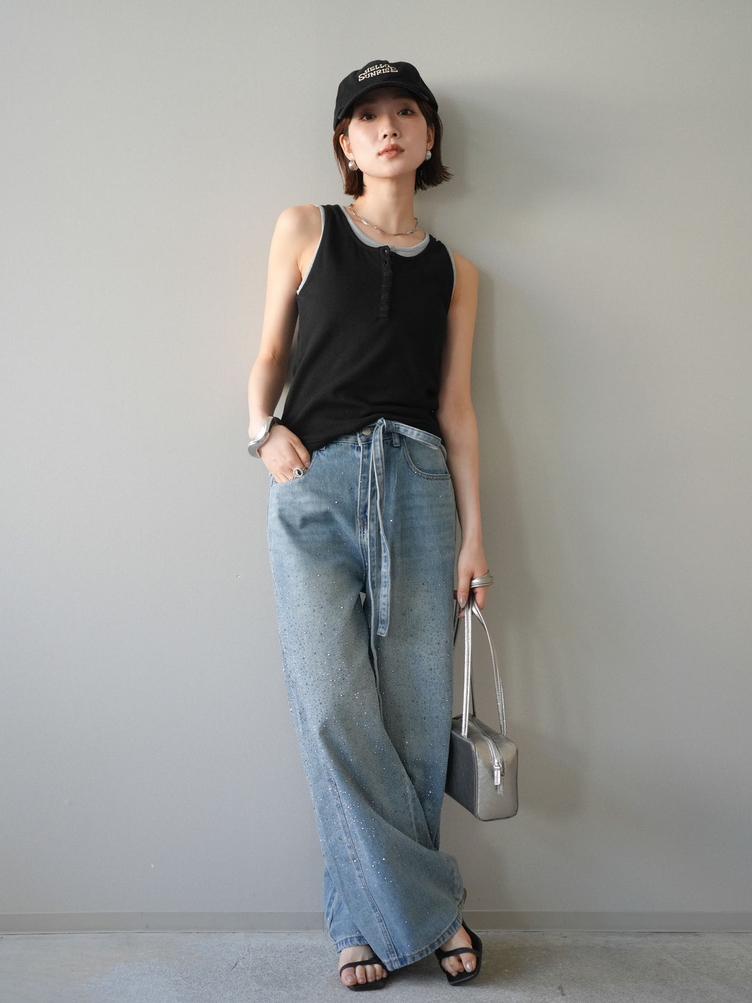 [SET]配色リブヘンリータンクトップ+ウエストベルトビジューワイドデニムパンツ(2set)