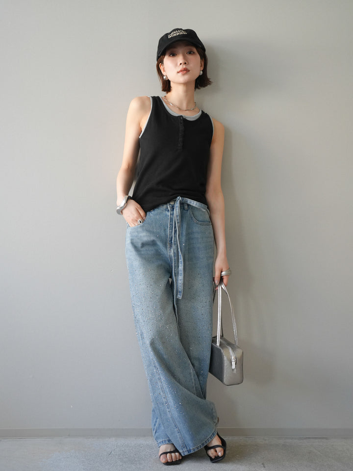 [SET]配色リブヘンリータンクトップ+ウエストベルトビジューワイドデニムパンツ(2set)