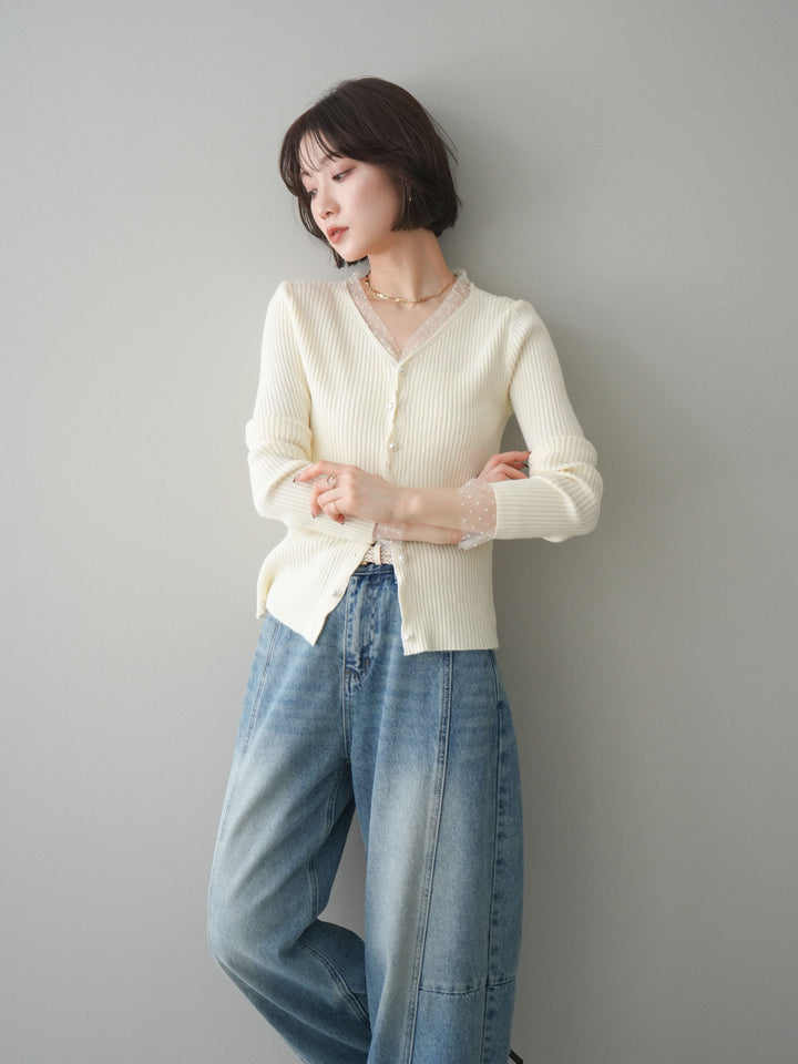 [予約]チュールドッキングパールボタンニットカーディガン/ivory