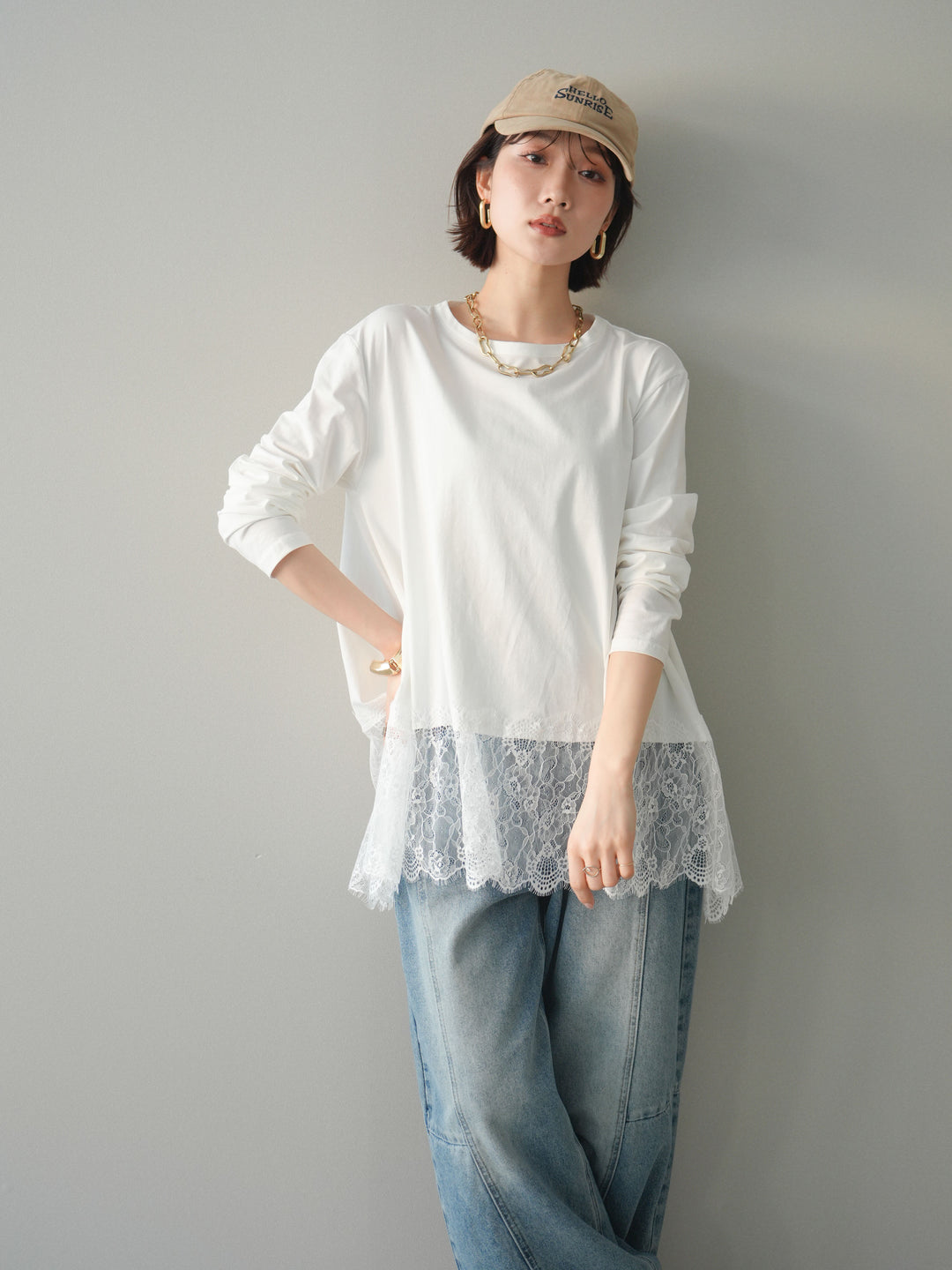 [SET]裾レースロングスリーブTシャツ+選べるアクセセット(2set)