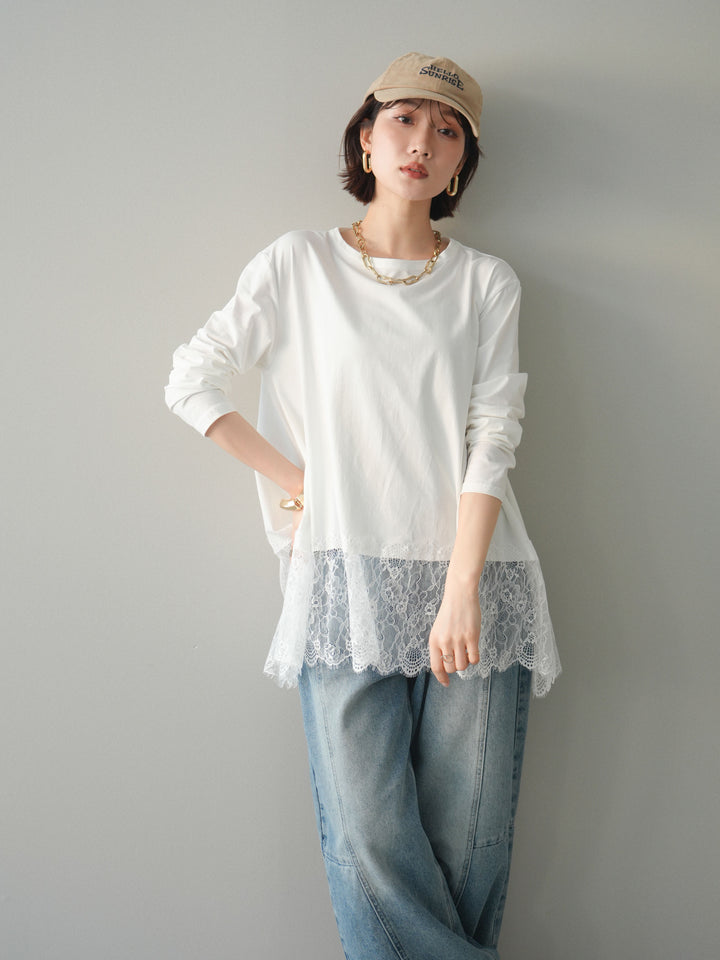 [SET]裾レースロングスリーブTシャツ+選べるアクセセット(2set)
