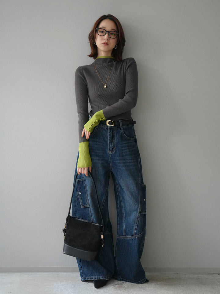 [予約]袖ボタンハイネック配色リブニットトップス/charcoal