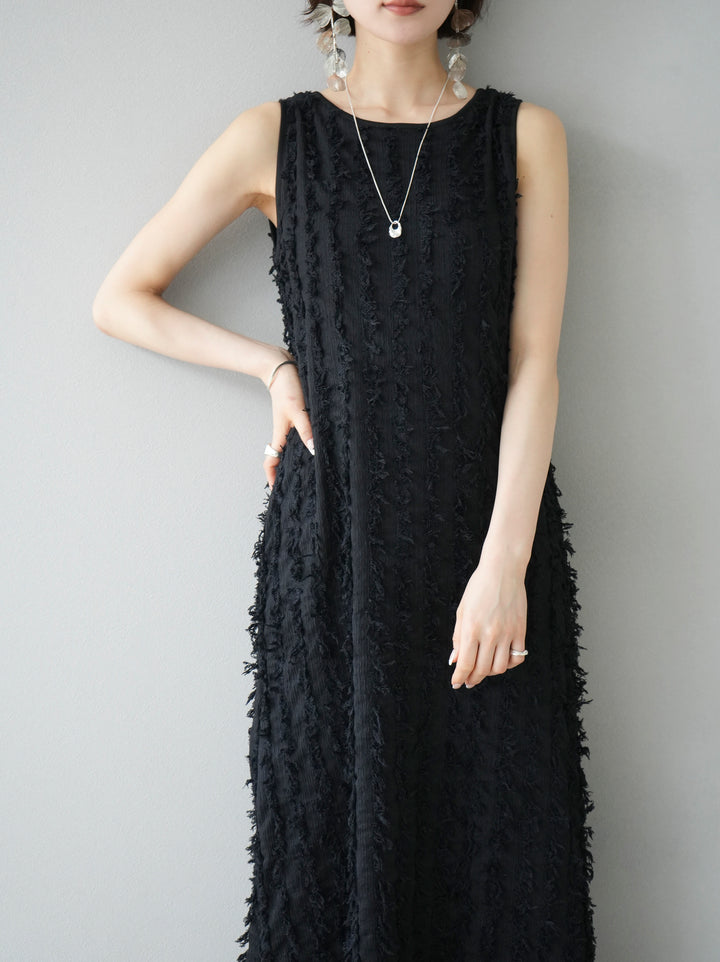 [Pre-order] Fringe Jacquard Stretch Sleeveless Dress/Black