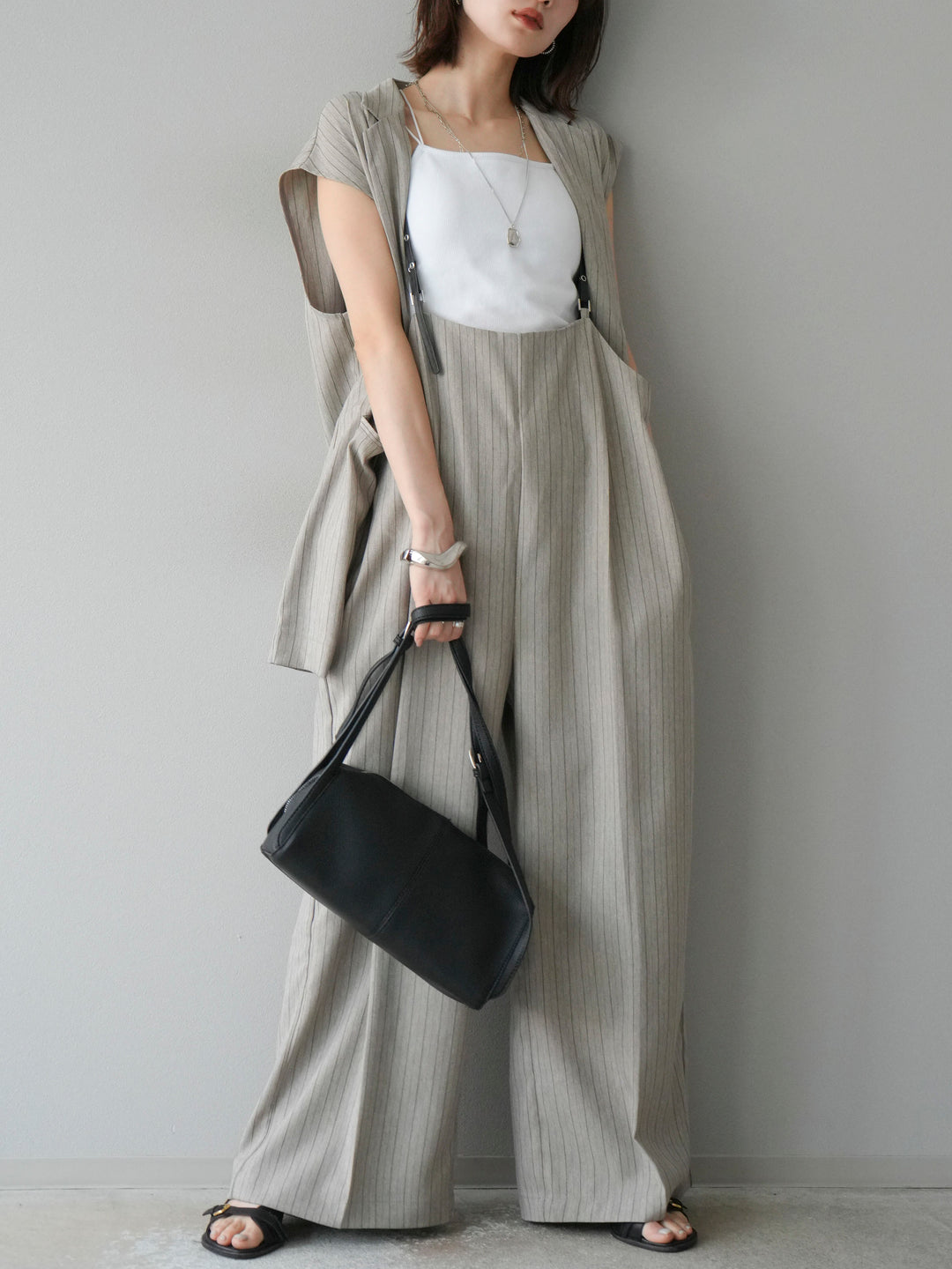 【着回しセット】[SET]ヘリンボーンストライプジレ+シアー切替ベロアトップス+ヘリンボーンストライプサロペット(3set)