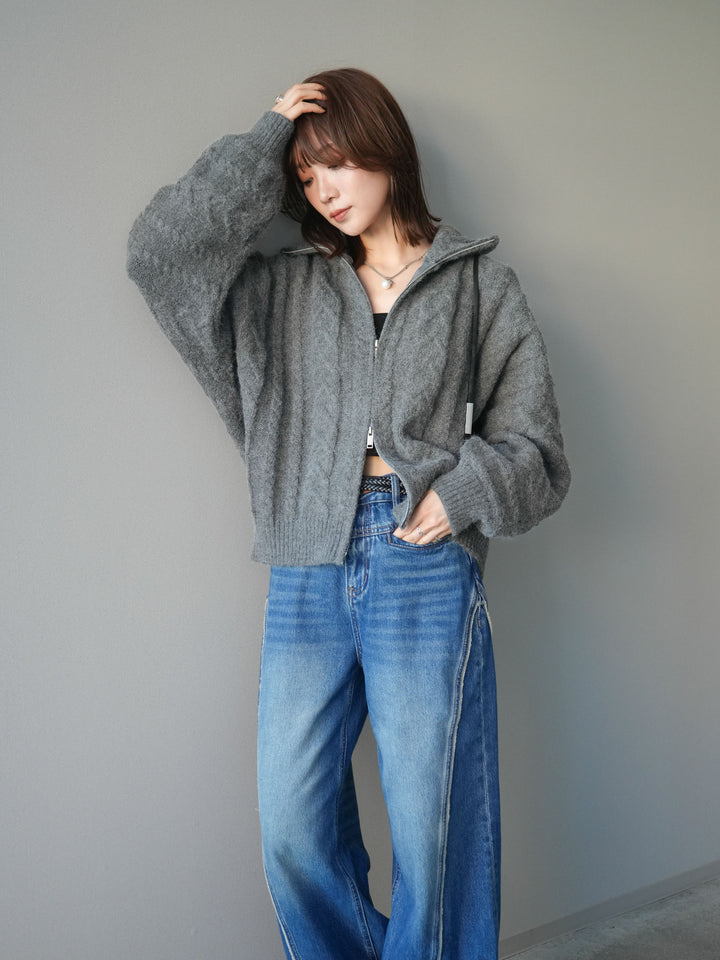 [予約]ケーブル編みハイネックZIPニットカーディガン/gray