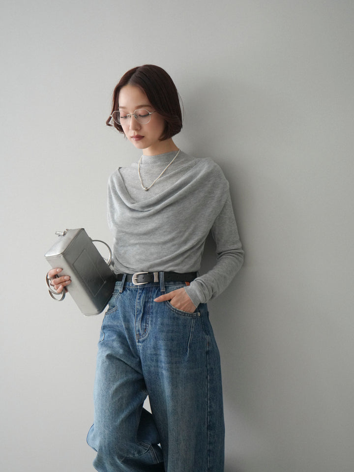 [予約]ボトルネックドレープレイヤードニットトップス/gray