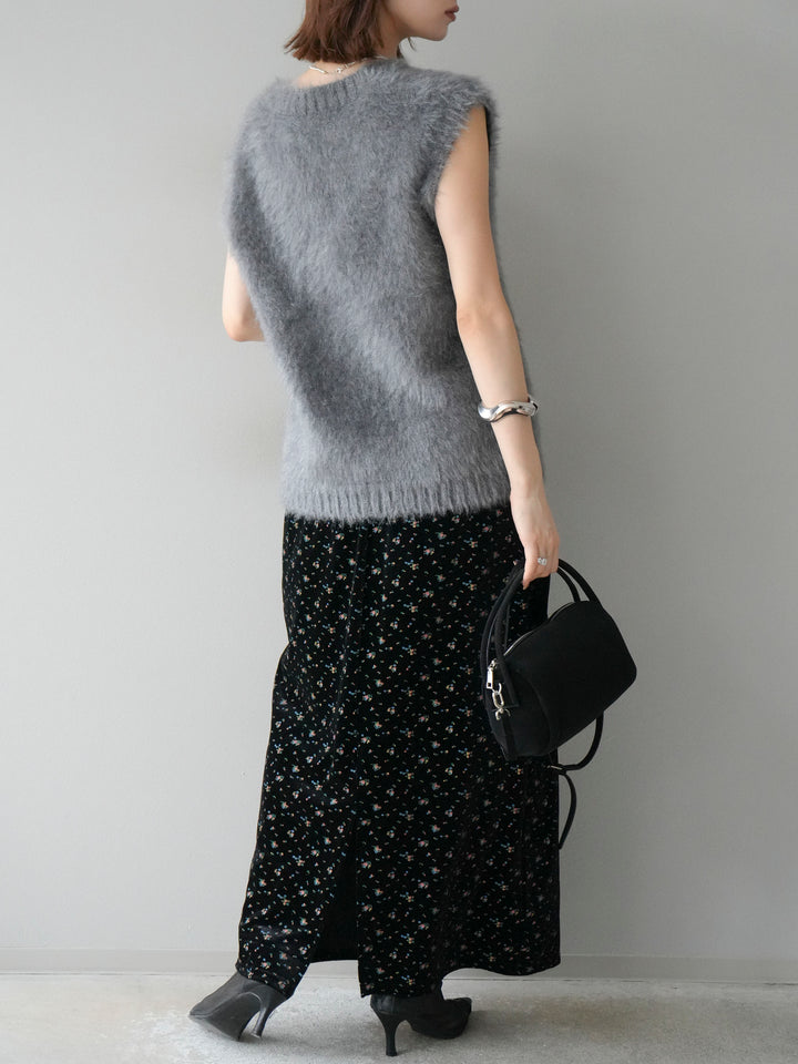 [予約]ベロアフラワープリントIラインスカート/ブラックxイエロー