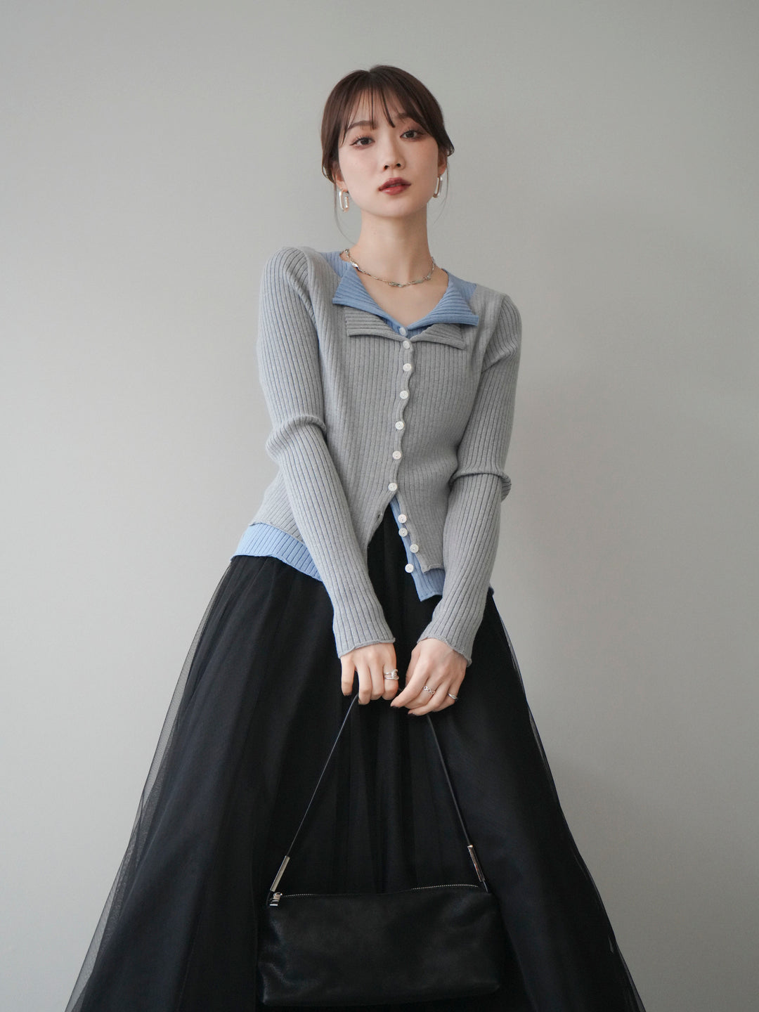 [予約]配色レイヤードリブニットカーディガン/gray