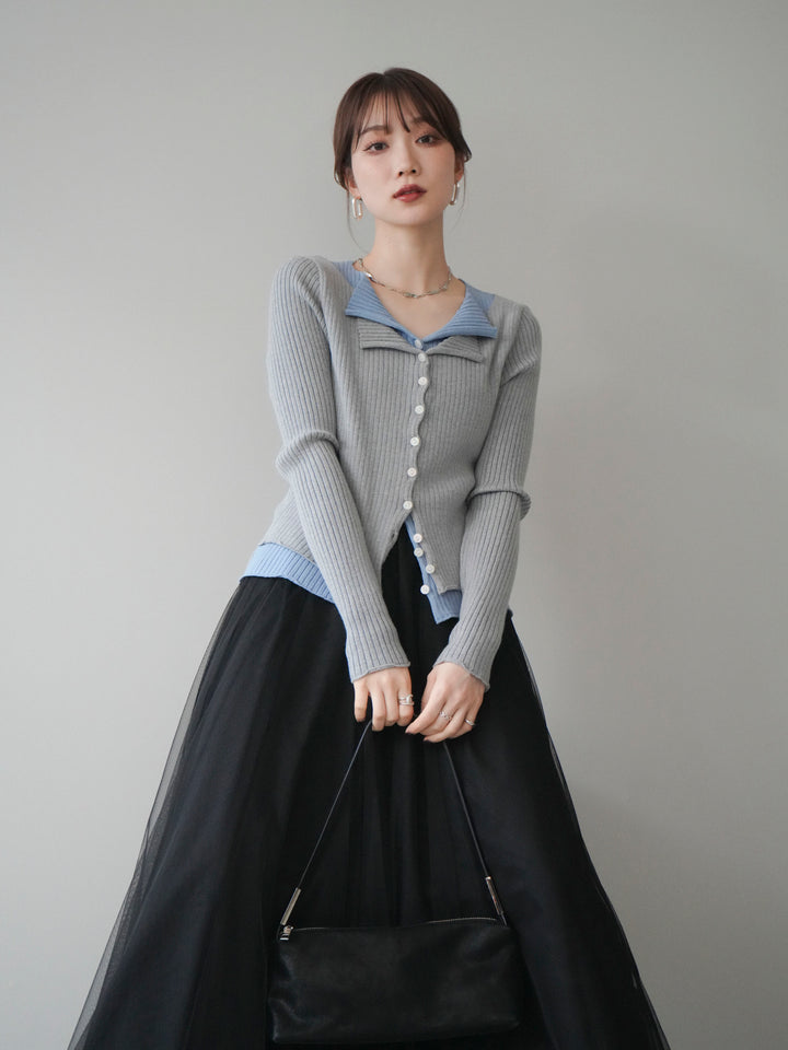 [予約]配色レイヤードリブニットカーディガン/gray