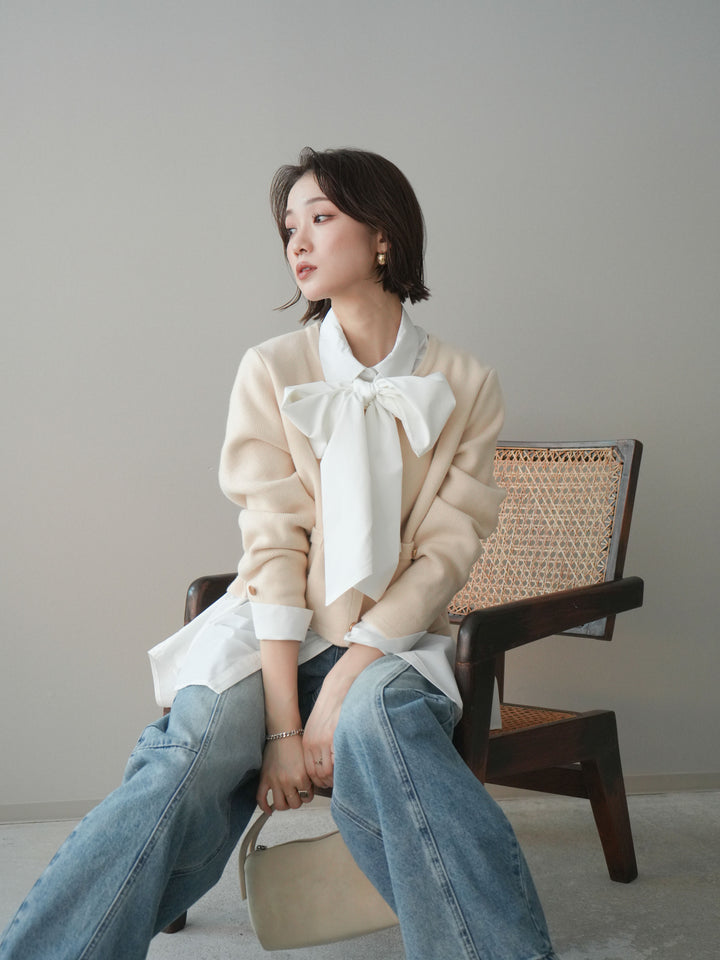 [予約]ゴールドボタンノーカラーニットジャケット/ivory