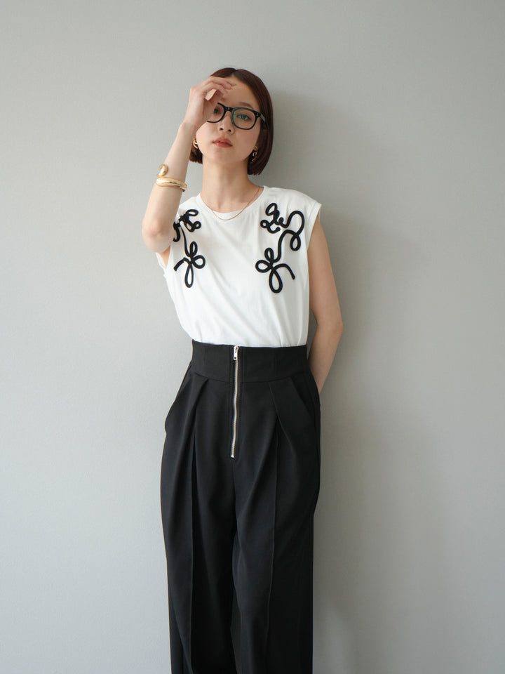 [SET]コード刺繍フレンチスリーブTシャツ+ジップタックワイドパンツ(2set)