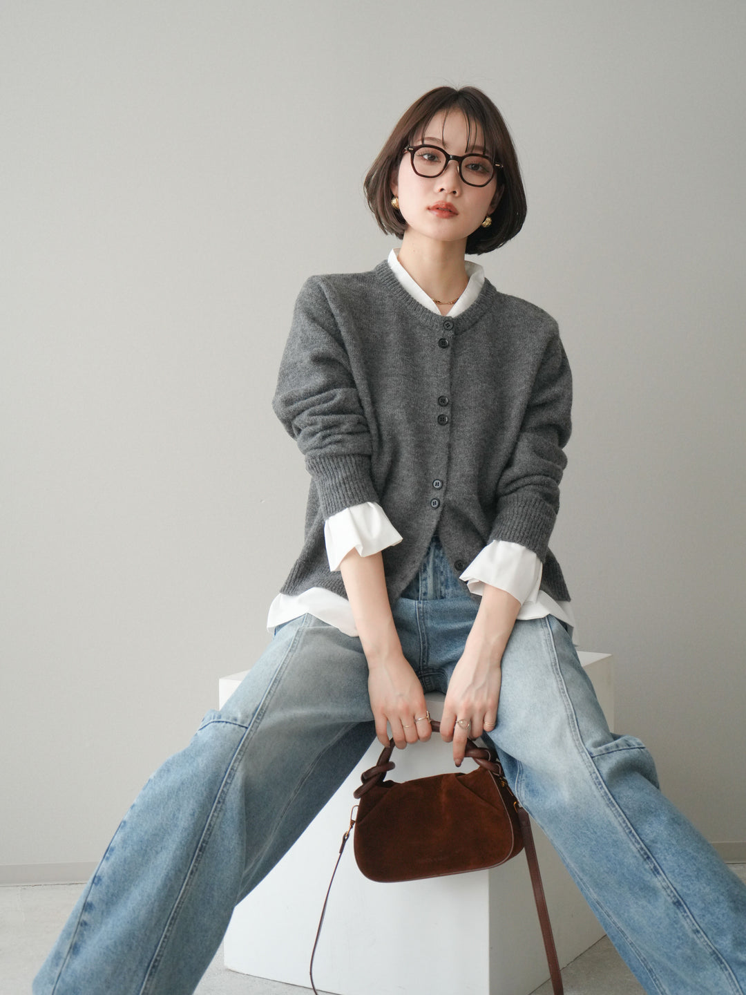 [SET]布帛ドッキングニットカーディガン+ガーメントウォッシュカーブデニムパンツ(2set)