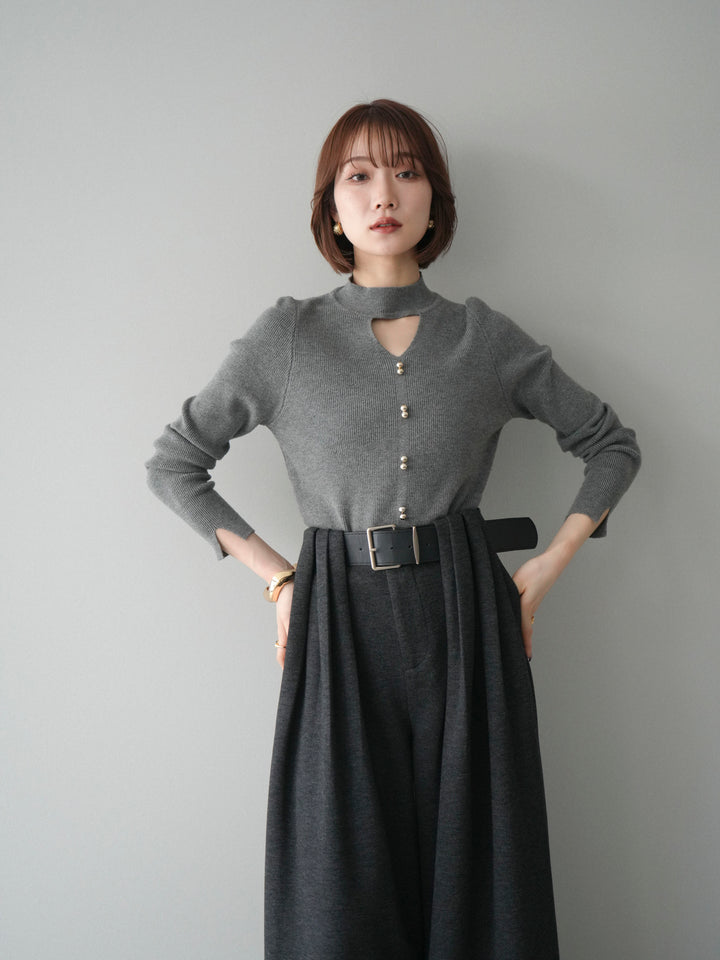 [予約]チョーカーデザインボタンリブニットトップス/gray