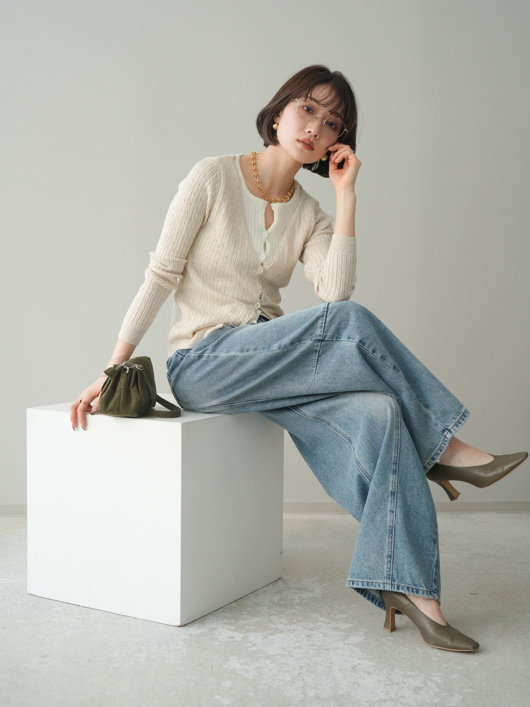 [予約]バイカラーレイヤードニットカーディガン/white