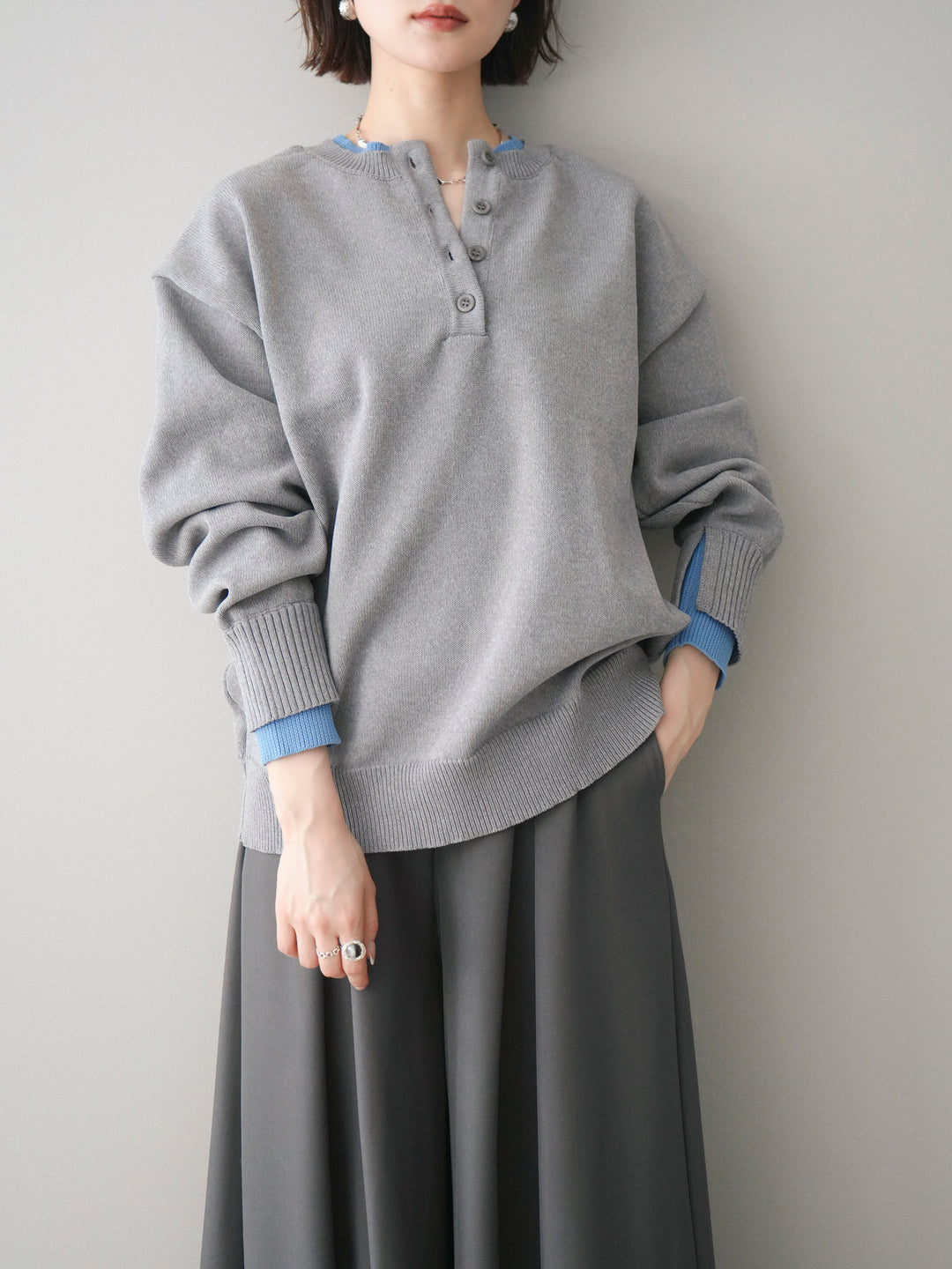 [予約]2WAYネック配色レイヤードニットプルオーバー/gray