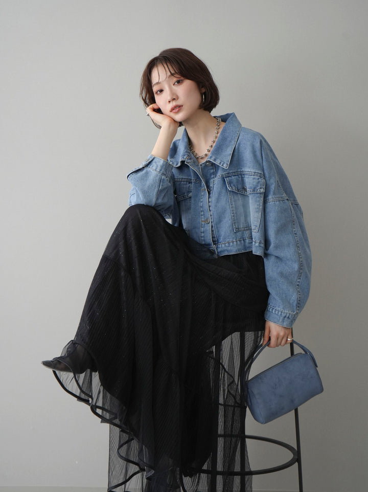 [SET]デニムショートシャツジャケット+ラメプリーツレイヤードチュールロングスカート(2set)