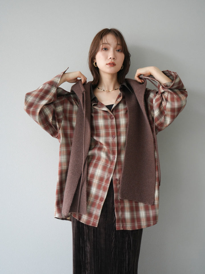 [SET]レザー襟オンブレチェックオーバーシャツ +クラッシュベロアナロースカート(2set)