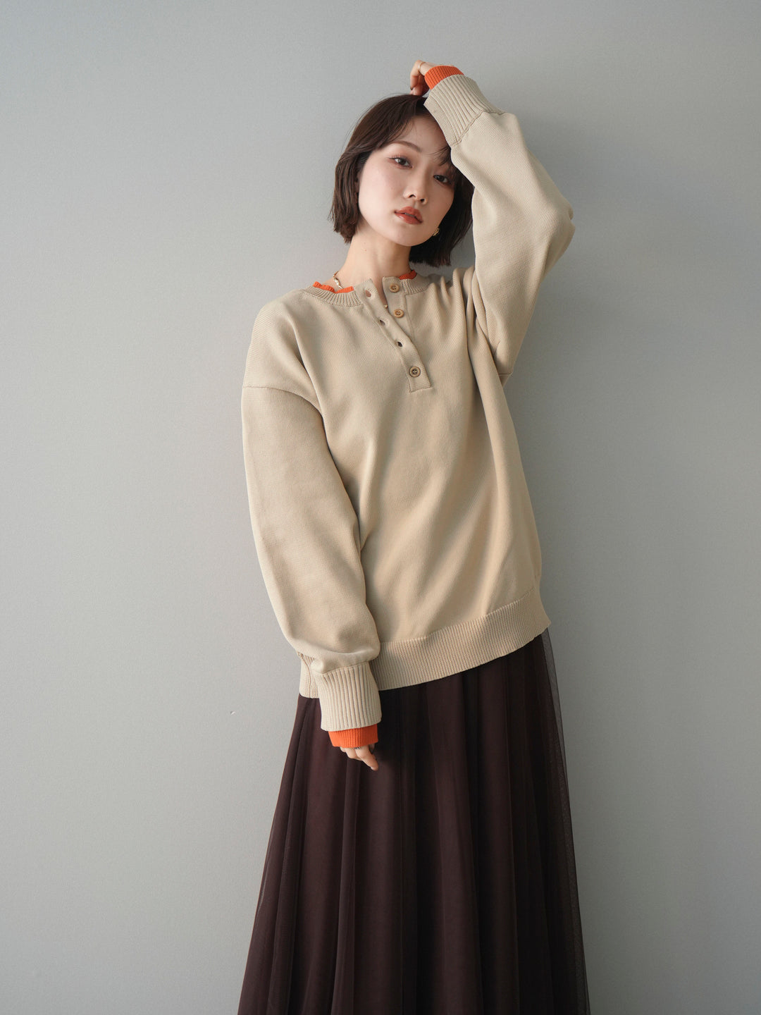 [予約]2WAYネック配色レイヤードニットプルオーバー/beige