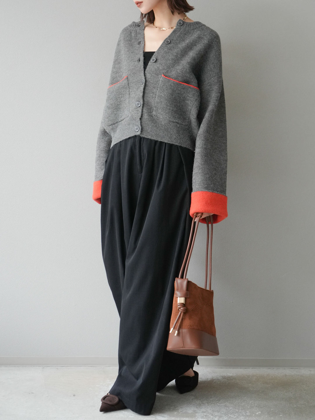 【SET】雙色針織開襟衫+褶襉設計寬褲（2套）