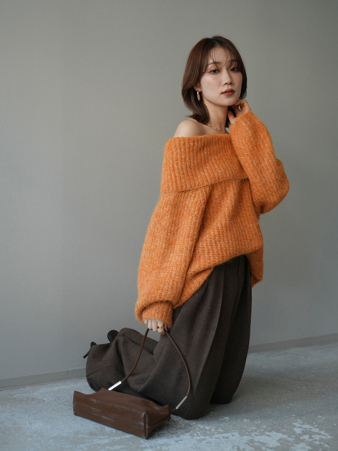 [予約]オフショルミックスニットプルオーバー/orange