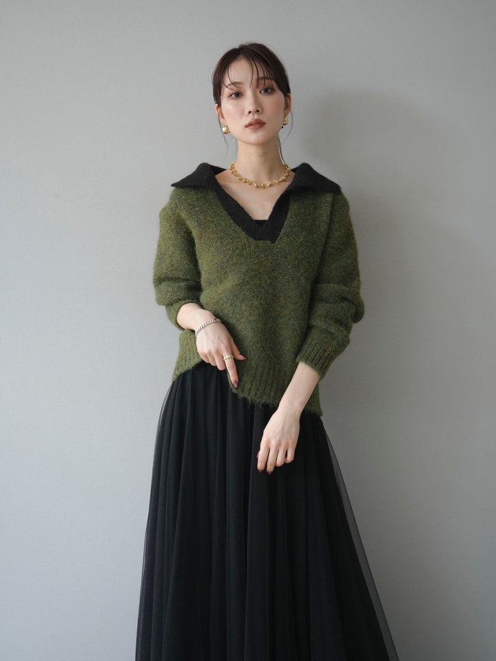 [予約]バイカラー襟付きニットプルオーバー/green