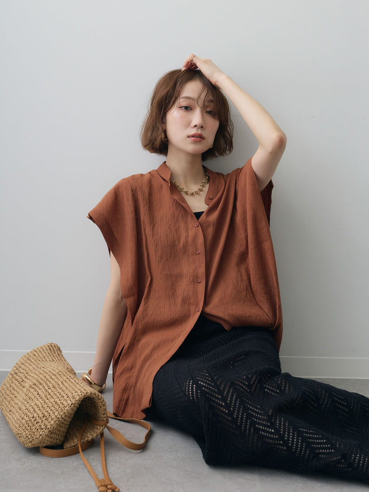 [予約]スクエアショルダーノースリワッシャーブラウス/brown
