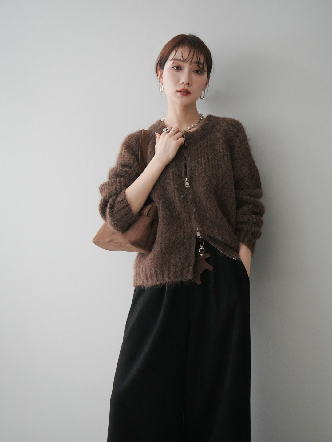 [予約]MIXヤーンモヘアタッチZIPニットカーディガン/brown