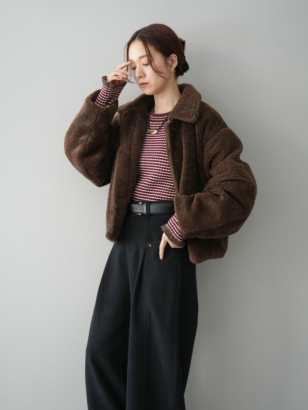 [SET]エコファーステンカラージャケット+ベルト付起毛コクーンパンツ(2set)