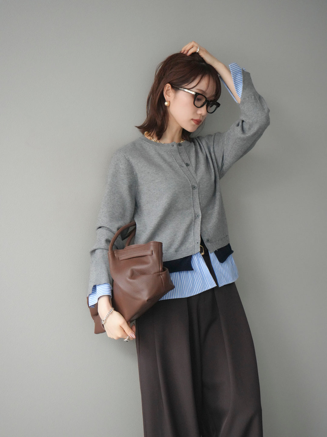 [SET]シャツ襟レイヤードニットカーディガン+ベルトループデザインワイドパンツ(2set)