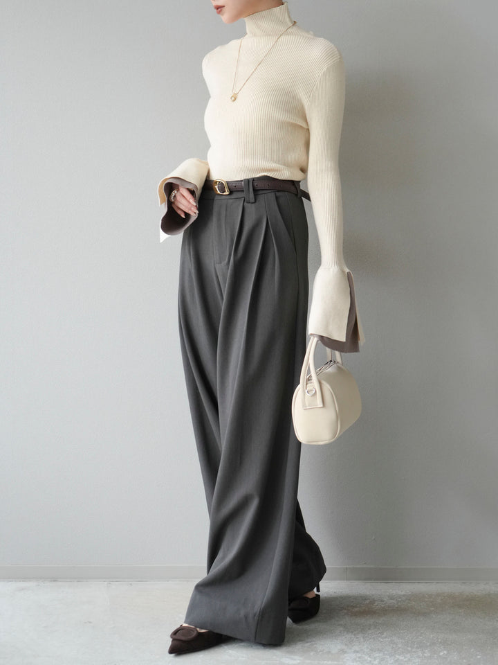 [SET] 疊層喇叭袖高領針織上衣 + 雙褶寬褲 (2 套)