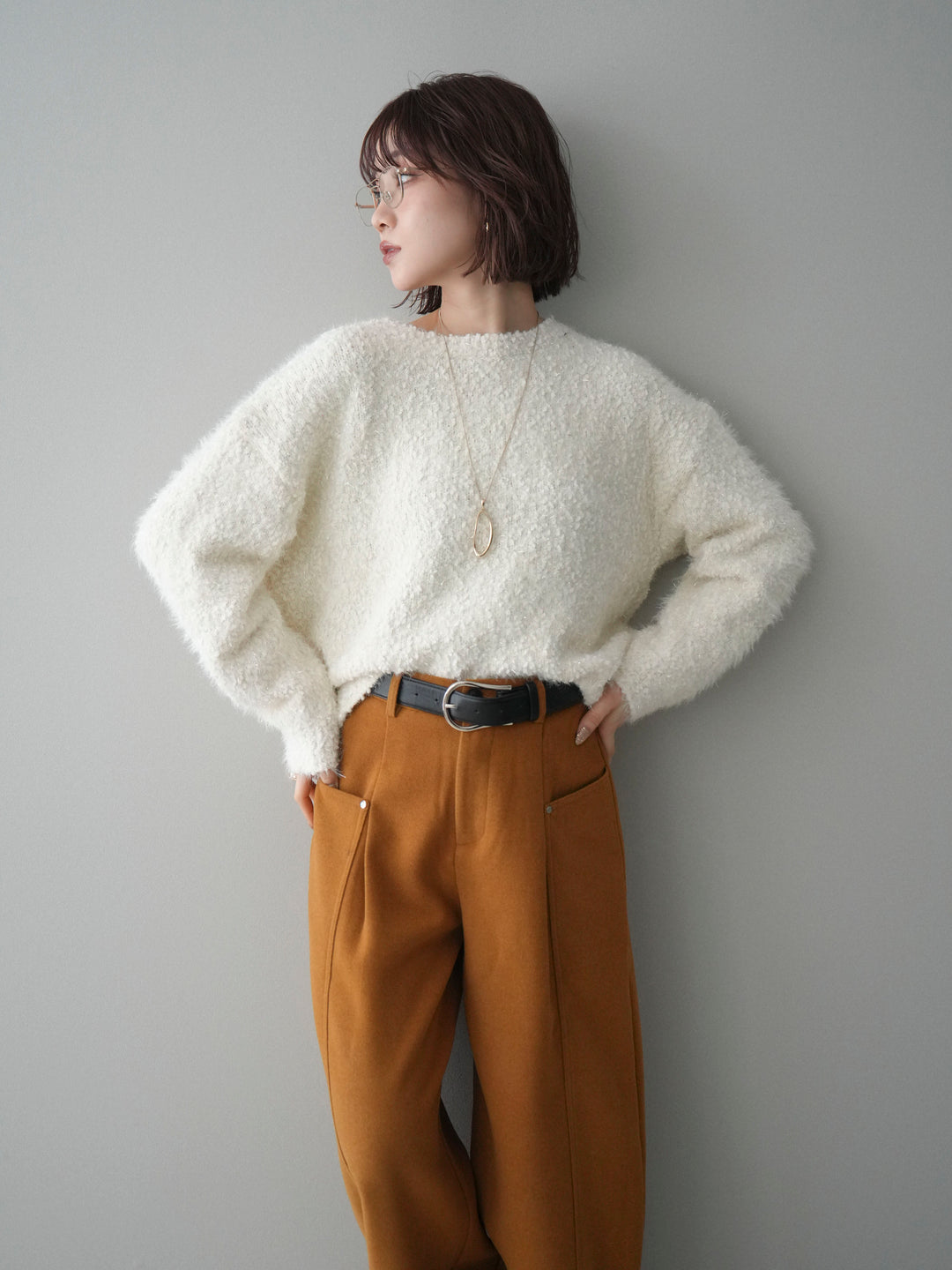 [SET]モールラメミックスヤーンニットプルオーバー+ベルト付起毛コクーンパンツ(2set)