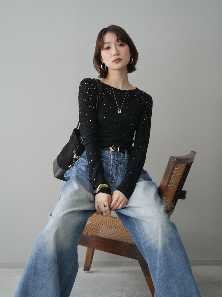 [SET]スパンコールシアーニットトップス+選べるアクセセット(2set)