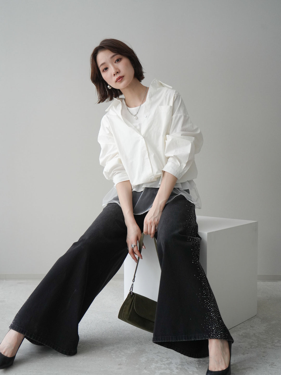 [予約]裾チュールノースリーブカットソー＆シャツドッキングトップス/white
