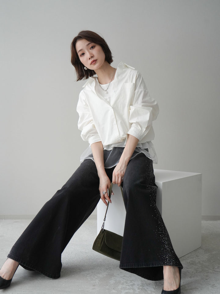 [予約]裾チュールノースリーブカットソー＆シャツドッキングトップス/white