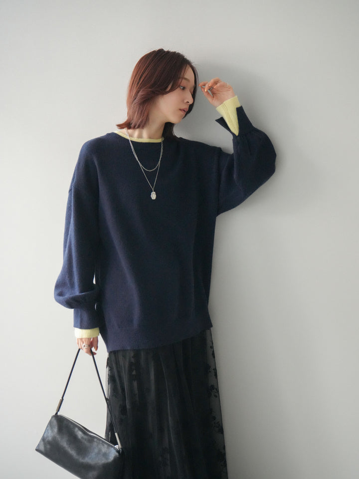 [SET]ヘンリーネック配色レイヤードニットプルオーバー+フラワーフロッキーチュールプリーツスカート(2set)