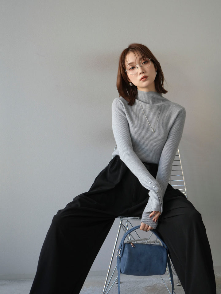 [予約]袖ボタンボトルネックリブニットトップス/杢グレー