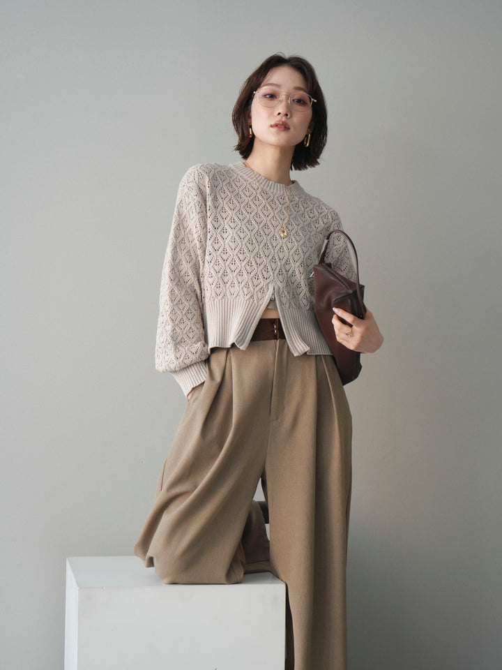 [予約]透かし編みフロントジップスリットニットプルオーバー/lightbeige