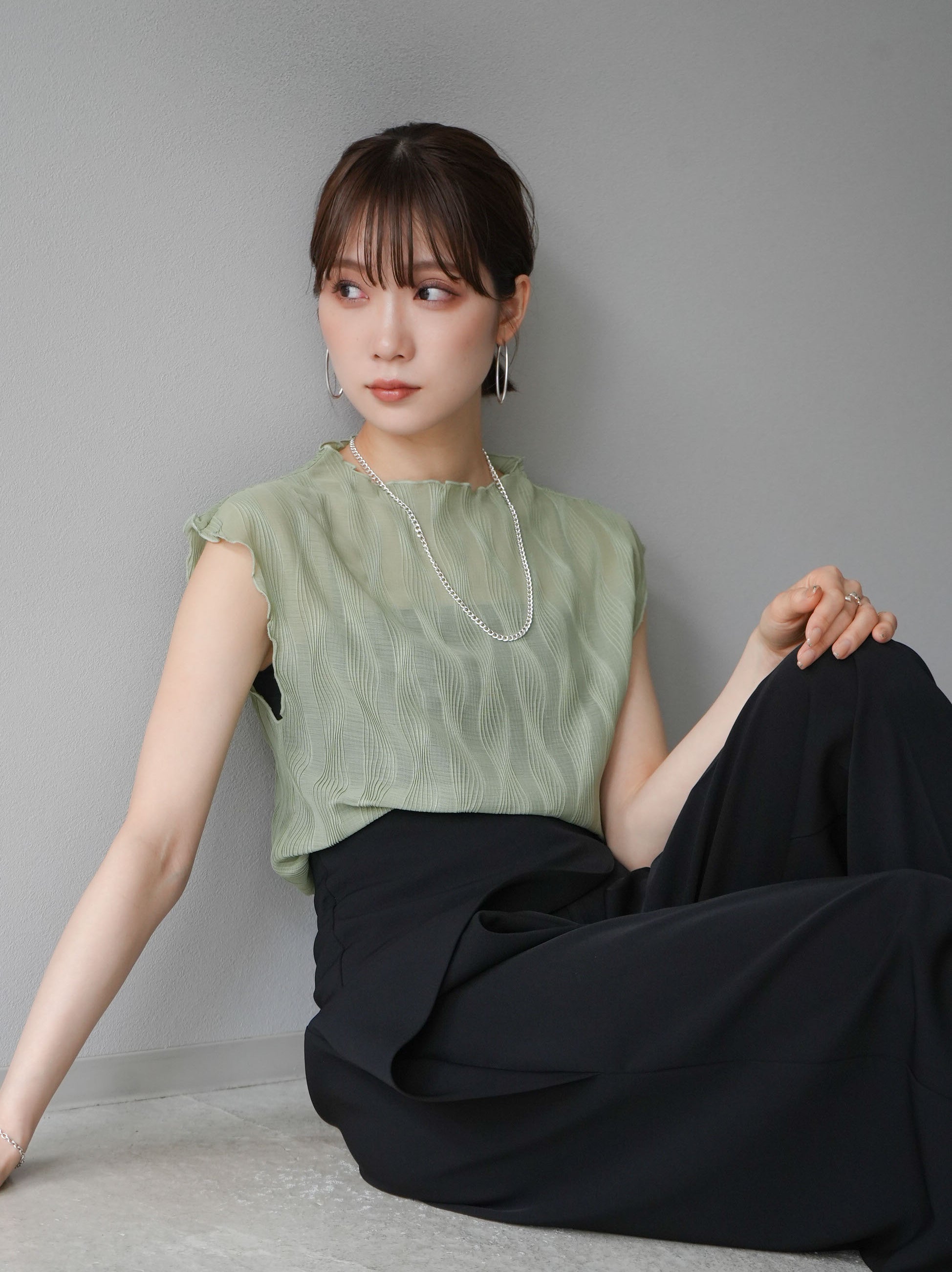 予約]楊柳ウェーブフレンチスリーブカットソー/グリーン – Lumier
